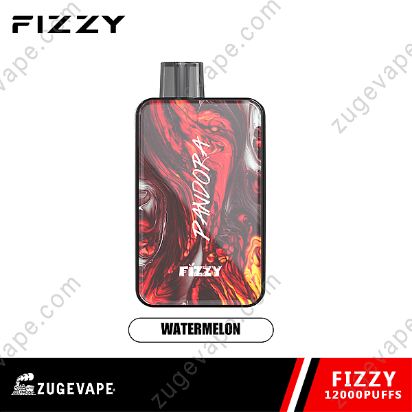 Sigaretta elettronica frizzante Pandora con motivo marmorizzato rosso e nero, etichettata "Anguria" e "12000 tiri".