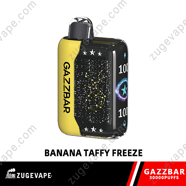 Gazzbar Disposable Vape Device With A Yellow And Black Design, Featuring A Constellation Pattern And Labeled &Quot;Banana Taffy Freeze&Quot; Flavor, Offering 30,000 Puffs.