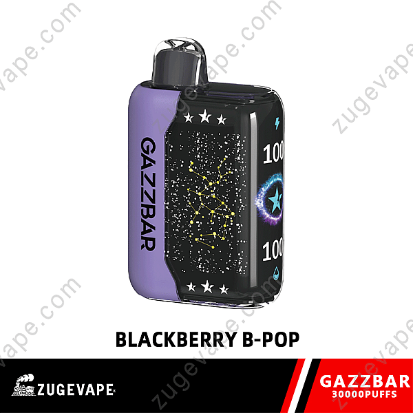 A Purple And Black Vape Device Labeled &Quot;Gazzbar,&Quot; Featuring A Starry Sky Design With Constellations, 30000 Puffs Capacity, And &Quot;Blackberry B-Pop&Quot; Flavor.
