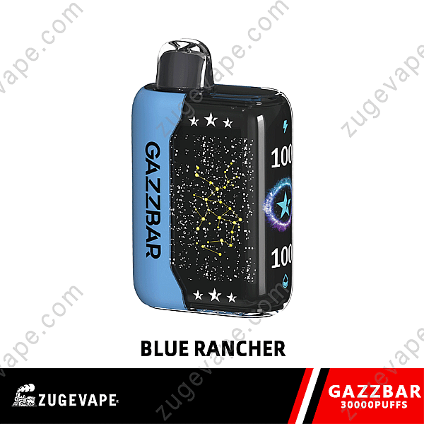 A Gazzbar Blue Rancher Vape Device With A Blue Side Panel And A Black Design Featuring Constellations And Stars, Labeled &Quot;30000 Puffs&Quot; At The Bottom.