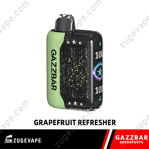 A Gazzbar Disposable Vape Labeled &Quot;Grapefruit Refresher&Quot; With A Green And Black Design, Featuring A Starry Constellation And &Quot;30000 Puffs&Quot; Branding.