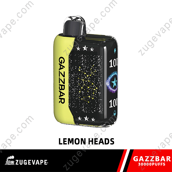 A Black And Yellow Vape Device Labeled &Quot;Gazzbar&Quot; With A &Quot;Lemon Heads&Quot; Flavor, Showing A Starry Design And Indicators For 100% Charge And Liquid Capacity.