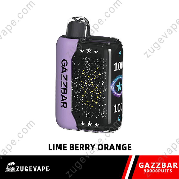 Gazzbar Vape Device In Lime Berry Orange Flavor, Featuring A Purple And Black Design With Constellation Graphics And Text Indicating 30,000 Puffs.
