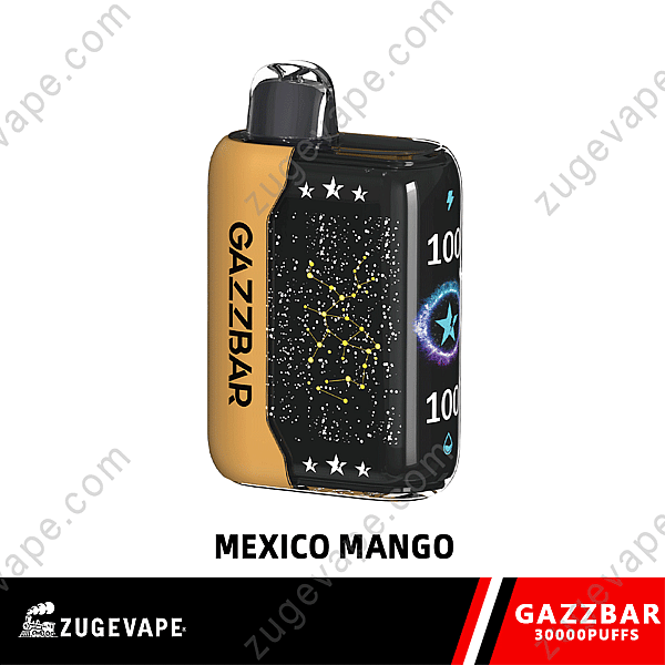 A Gazzbar Vape Device Labeled &Quot;Mexico Mango&Quot; With A Black Starry Design And A Visible Puff Count Indicator Showing 100. The Device Has A Yellow Side Panel With The Brand Name &Quot;Gazzbar.&Quot;
