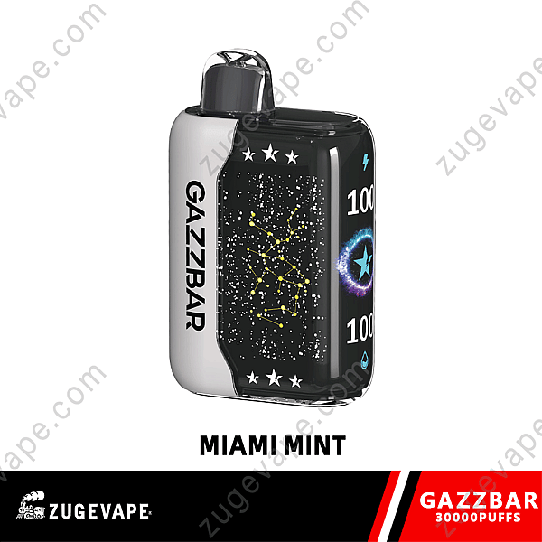 Gazzbar Disposable Vape In Miami Mint Flavor, Featuring A White And Black Design With Constellation Graphics And 30,000 Puffs Capacity Displayed.