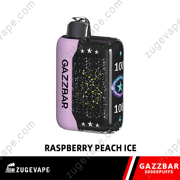 Raspberry Peach Ice Gazzbar Vape Device With A Black And Purple Design, Featuring Star Constellations And A &Quot;30,000 Puffs&Quot; Label.