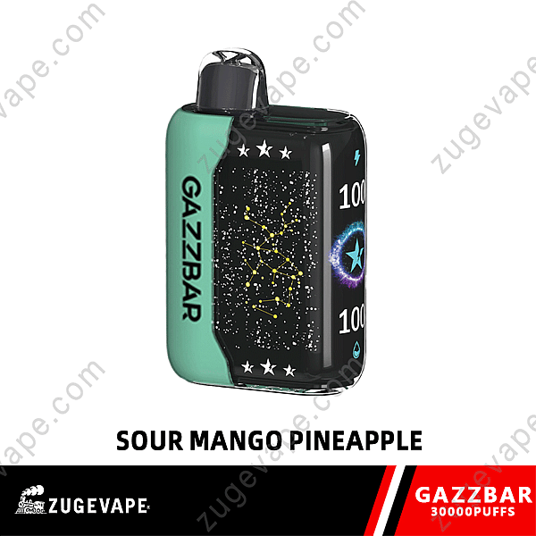 Gazzbar Disposable Vape In Sour Mango Pineapple Flavor With A Black And Mint Green Design, 30,000 Puffs, Featuring A Constellation-Like Graphic And Starry Details.