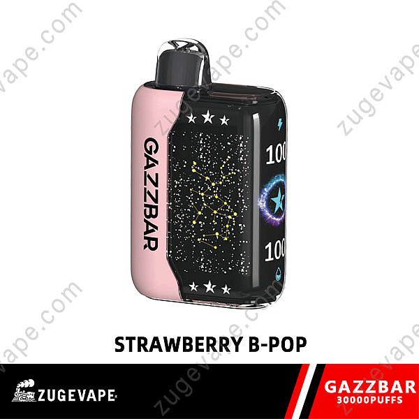 Gazzbar Vape Device With A &Quot;Strawberry B-Pop&Quot; Flavor, Featuring A Pink And Black Design With Star And Constellation Patterns, And Branding For 30,000 Puffs.