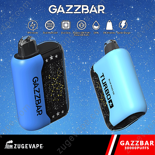Two Blue Gazzbar Turbo 30000 Vape Devices With Starry Constellation Designs, Featuring Icons For 30,000 Puffs, 18Ml Liquid, And 5% Nicotine.