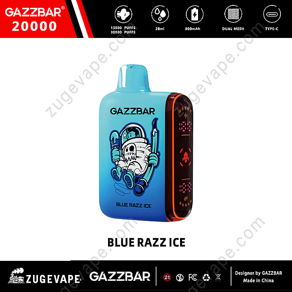 Gazzbar 20000 Blue Razz Ice svapo monouso con doppie bobine a rete, capacità 28 ml, batteria da 800 mAh e porta di ricarica di tipo C.