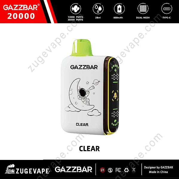 Un dispositivo per svapare Gazzbar 20000 con corpo bianco raffigurante un astronauta seduto su una luna crescente che tiene in mano un telescopio. Ha un bocchino verde e icone che indicano da 15.000 a 30.000 tiri, capacità di 28 ml, batteria da 800 mAh, bobina a doppia maglia e ricarica USB di tipo C.
