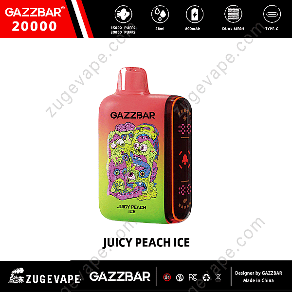 Dispositivo per svapare Gazzbar, gusto ghiaccio alla pesca succosa, con design colorato di alieni cartoon, etichettato per 15.000-30.000 boccate, capacità 28 ml, batteria da 800 mAh, doppia bobina a maglie e ricarica di tipo C.