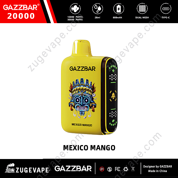 Dispositivo per svapo Yellow Gazzbar 20000 con aroma di mango messicano, caratterizzato da un colorato e stilizzato motivo a maschera azteca sulla parte anteriore. Le icone sopra il dispositivo indicano da 15.000 a 30.000 tiri, capacità di e-liquid da 28 ml, batteria da 800 mAh, doppia bobina a maglie e ricarica USB-C.