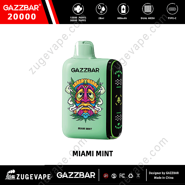 Gazzbar Miami Mint Vape con un vivace design a maschera tribale, etichettato come 20.000 tiri con capacità di 28 ml, batteria da 800 mAh, doppia mesh e ricarica di tipo C.