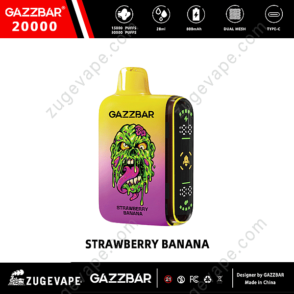 Dispositivo per svapare Gazzbar 20000 Strawberry Banana con design colorato a forma di faccia di zombi, capacità di 28 ml, doppia rete, ricarica di tipo C e batteria da 800 mAh.