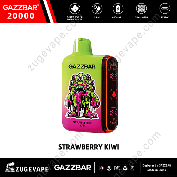 &Quot;Gazzbar 20000 Strawberry Kiwi Vape con design colorato a forma di mostro, 15000-30000 tiri, capacità 28 ml, batteria da 800 mAh, doppia rete e porta di ricarica di tipo C.&Quot;