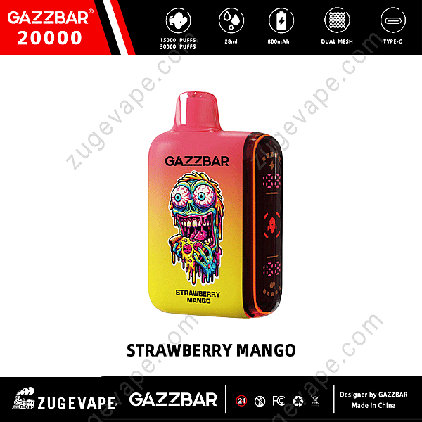 &Quot;Gazzbar 20000 Strawberry Mango Vape monouso con capacità di 28 ml, batteria da 800 mAh e design colorato in stile cartone animato di un personaggio che si scioglie.&Quot;