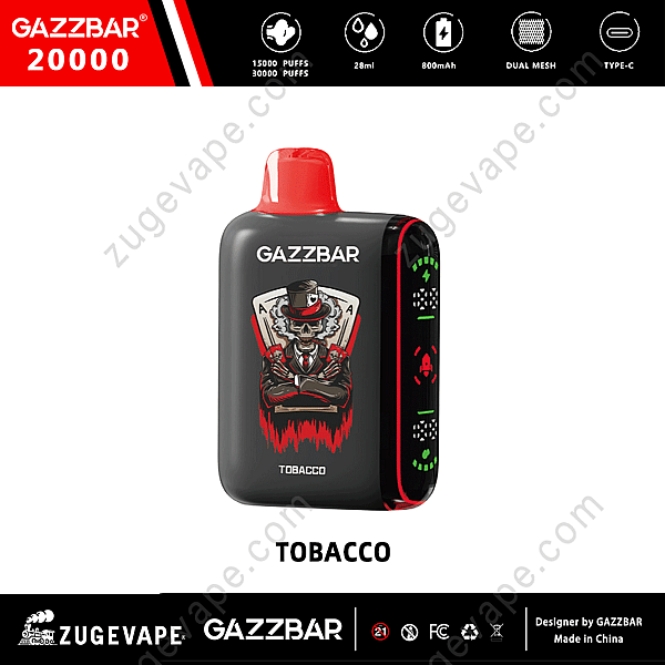 Dispositivo per svapare monouso Gazzbar, aroma di tabacco, con design a tema scheletro, 15.000-30.000 boccate, capacità e-liquid 28 ml, batteria da 800 mAh, doppie bobine a rete e ricarica USB di tipo C.