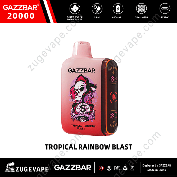 Dispositivo per svapare Gazzbar etichettato &quot;Tropical Rainbow Blast&quot; con grafica di uno scheletro in un design colorato, da 15.000 a 30.000 boccate, e-liquid da 28 ml, batteria da 800 mAh, doppia rete e ricarica USB-C.