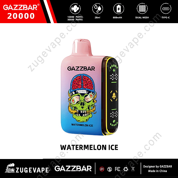 Un dispositivo per svapare monouso Gazzbar 20000 con un design colorato raffigurante un teschio con il cervello esposto, etichettato come "Watermelon Ice".