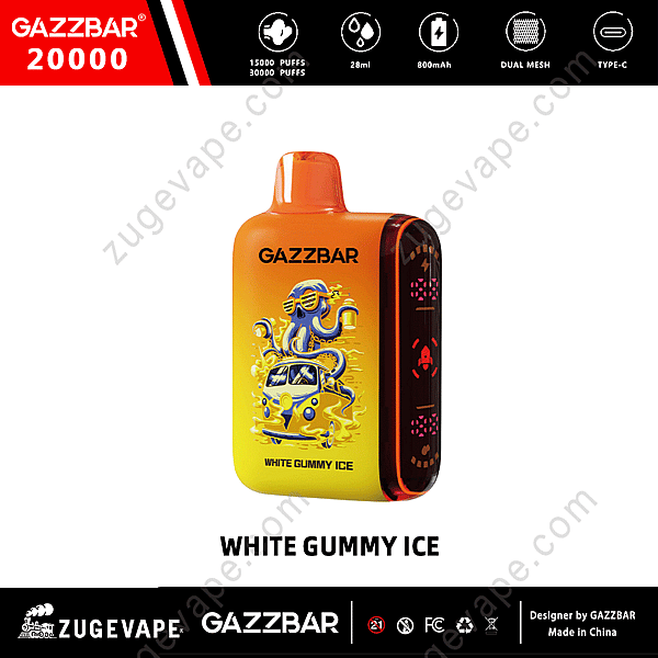 Gazzbar 20000 Vape monouso al gusto &quot;White Gummy Ice&quot; con un design arancione brillante raffigurante un polpo che indossa occhiali da sole e guida un autobus. Dettagli principali: E-Liquid da 28 ml, batteria da 800 mAh, bobina a doppia maglia, ricarica USB-C.