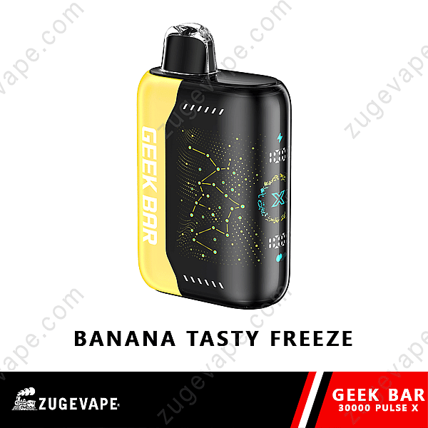 Un appareil Vape Geek Bar 30000 Pulse X jaune et noir avec saveur « Banana Tasty Freeze », avec des graphismes et une image de marque futuristes.