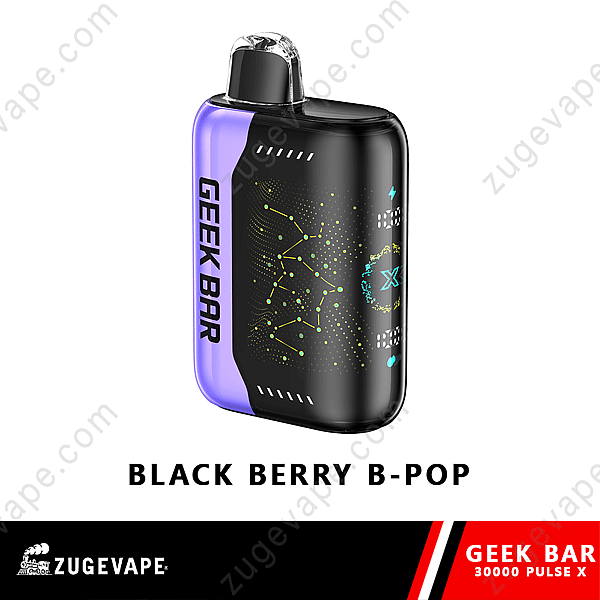 Un appareil à vapotage Geek Bar 30000 Pulse X en noir avec des accents violets, étiqueté « Black Berry B-Pop ».