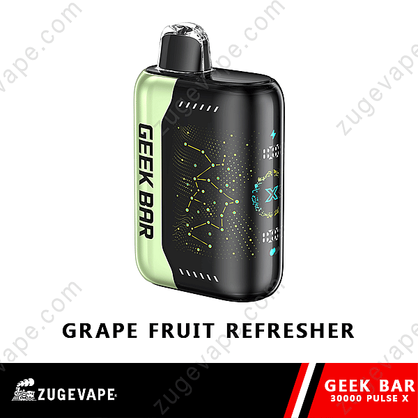 Appareil à vapotage Geek Bar avec saveur « Rafraîchisseur de raisin », doté d'un design noir et vert avec des motifs géométriques et étiqueté « Geek Bar » sur le côté.