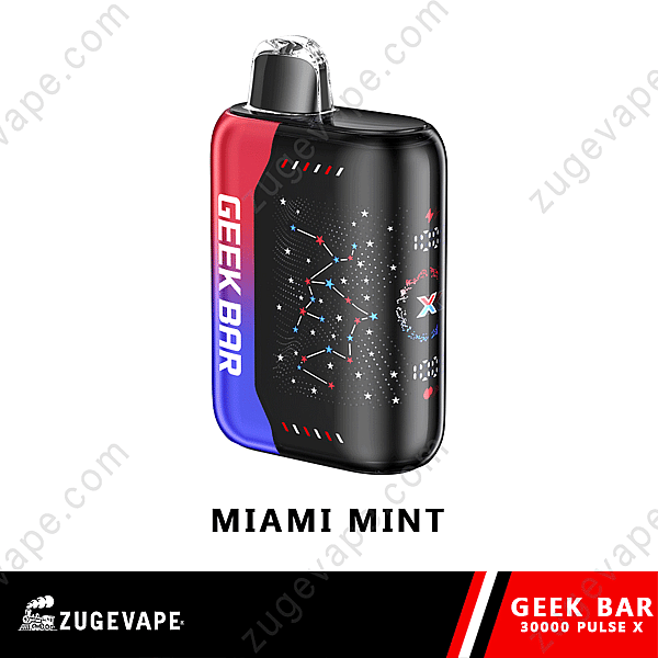 Vape jetable Geek Bar 30000 Pulse X au goût de menthe de Miami, avec un design coloré avec des étoiles et des constellations.