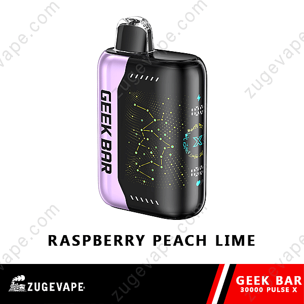 Appareil à vapotage Geek Bar 30000 Pulse X au goût de framboise, pêche et citron vert avec un design élégant noir et violet, doté d'un écran futuriste brillant et de graphismes de type constellation.