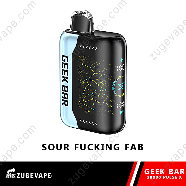 Geek Bar 30000 Pulse X Vape avec texte « Sour Fucking Fab », avec un design bleu et noir avec un motif de constellation.