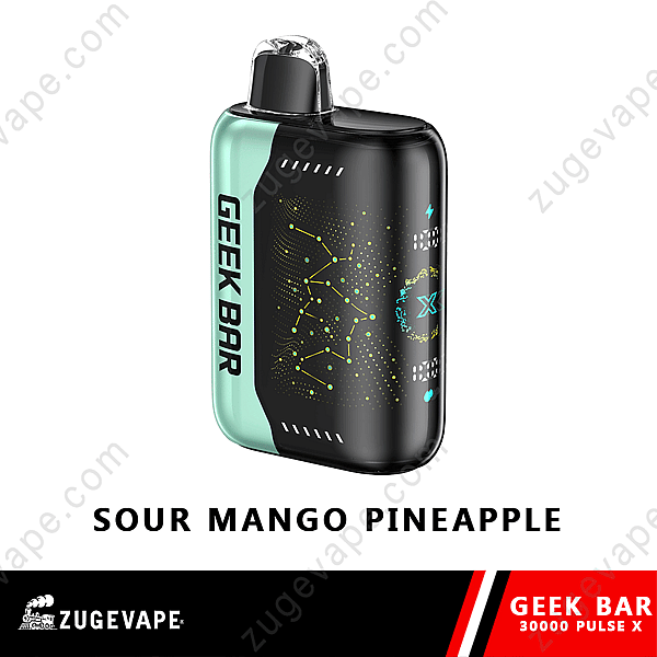 Geek Bar 30000 Pulse X Vape au goût de mangue aigre et d'ananas avec un design noir et vert menthe.