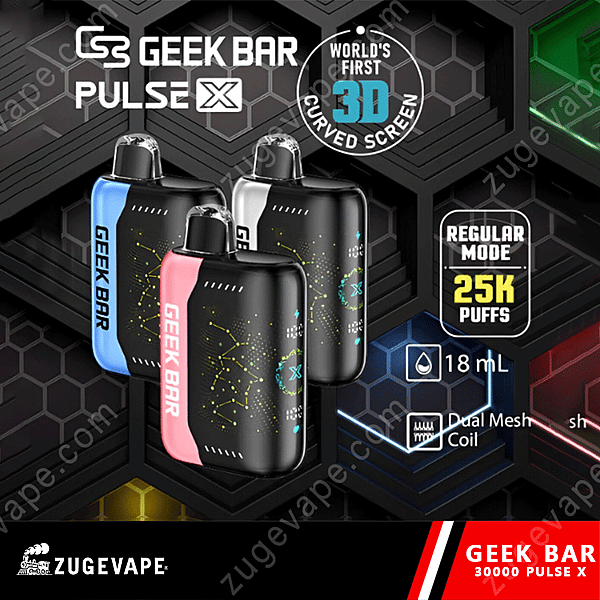 Appareil Vape Geek Bar Pulse X 25K avec écran incurvé 3D, offrant 25 000 bouffées, une capacité d'e-liquide de 18 ml et une technologie de bobine à double maille, affiché dans les couleurs noir, rouge et bleu.
