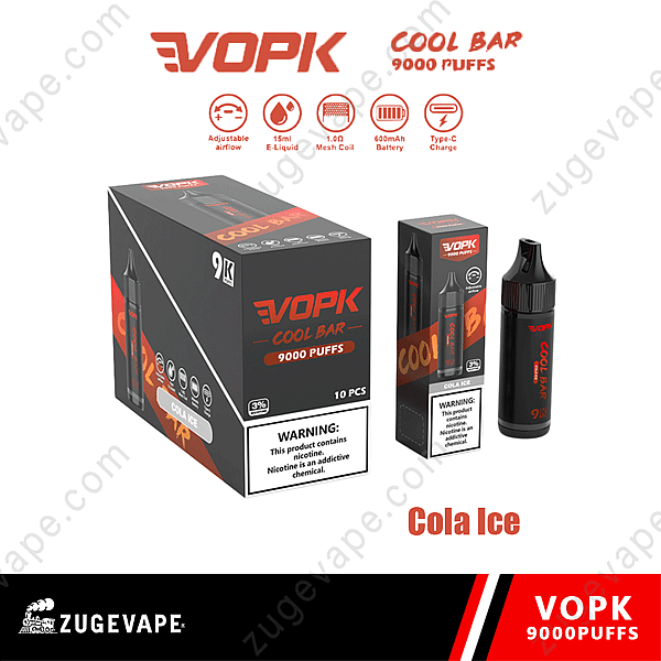 Confezione monouso per vaporizzatore Vopk Cool Bar al gusto Cola Ice con 9000 boccate, flusso d'aria regolabile, e-liquid da 15 ml, bobina a maglie da 1,0 Ω, batteria da 600 mAh e ricarica di tipo C.
