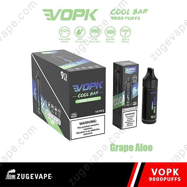 Confezione monouso per vaporizzatore Vopk Cool Bar da 9000 tiri al gusto di uva e aloe, con flusso d'aria regolabile, e-liquid da 15 ml, bobina a maglie da 1,0, batteria da 600 mAh e carica di tipo C.