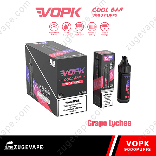 Vopk Cool Bar 9000 Puffs, vaporizzatore monouso in confezione al gusto di uva e litchi.