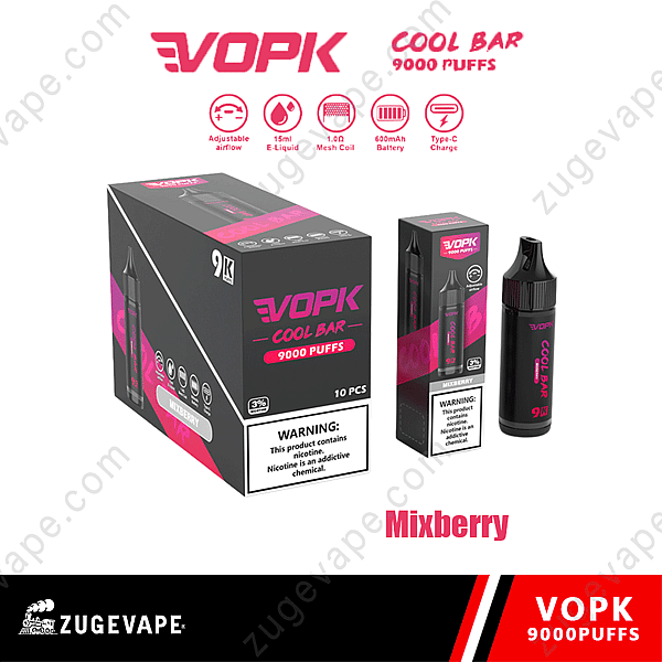 Confezione Vopk Cool Bar 9000 Puffs Mixberry con caratteristiche del prodotto quali flusso d'aria regolabile, e-liquid da 15 ml, bobina a maglie da 1,0 Ω, batteria da 600 mAh e carica di tipo C.
