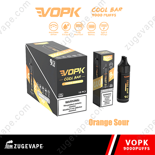 Confezione e prodotto monouso per vaporizzatore Vopk Cool Bar 9000 Puffs Orange Sour con avvertenza sulla nicotina.