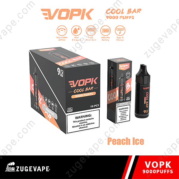 Confezione da 9000 tiri di Vopk Cool Bar Peach Ice con dispositivo per svapo esposto, che evidenzia flusso d'aria regolabile, e-liquid da 15 ml, bobina a maglie da 1,0 Ω, batteria da 600 mAh e carica di tipo C.