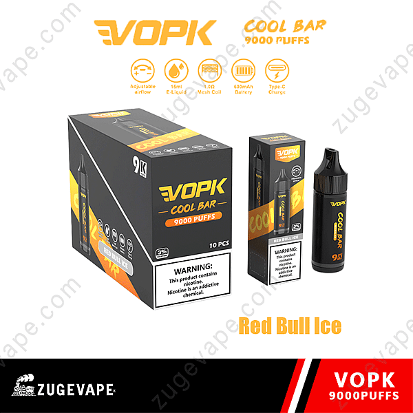 Confezione per vaporizzatore Vopk Cool Bar 9000 Puffs con aroma Red Bull Ice, con caratteristiche salienti come flusso d'aria regolabile, e-liquid da 15 ml, bobina a maglie da 1,0 Ohm, batteria da 600 mAh e ricarica di tipo C.
