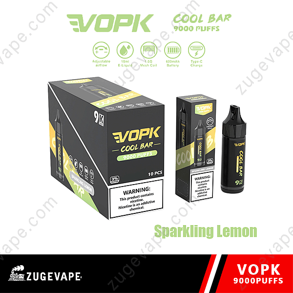 Confezione del prodotto per svapo per Vopk Cool Bar 9000 tiri, aroma limone frizzante, con immagini della scatola, della confezione singola e del dispositivo per svapare.