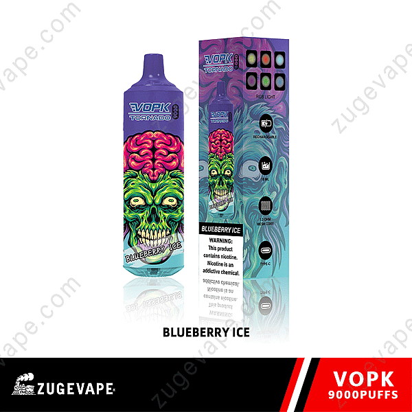 Vopk Tornado 9000 Disposable Vape With Blueberry Ice Flavor And Colorful Skull Design Packaging From Zugevape, Emphasizing 9,000 Puffs, Rechargeable Feature, And Nicotine Content Warning.