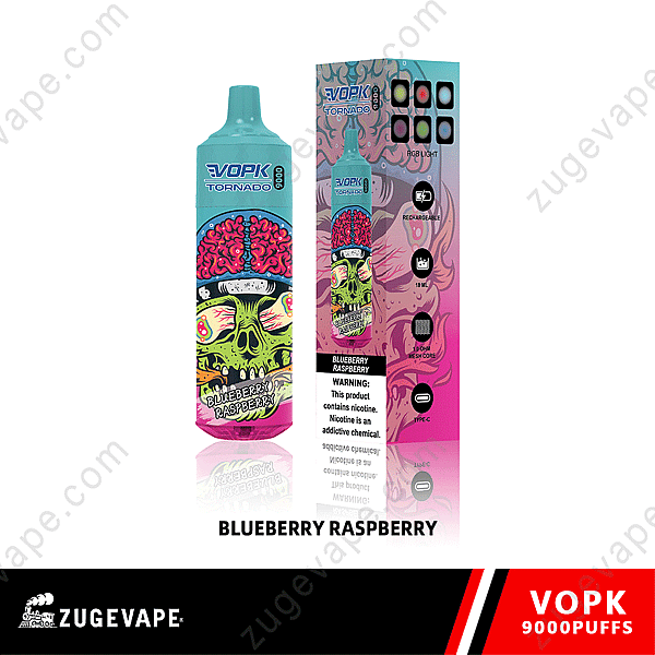Vopk Tornado 9000 Puffs Disposable Vape Device With Blueberry Raspberry Flavor, Featuring A Skull Design On Both The Device And Packaging, And A Nicotine Warning Label.