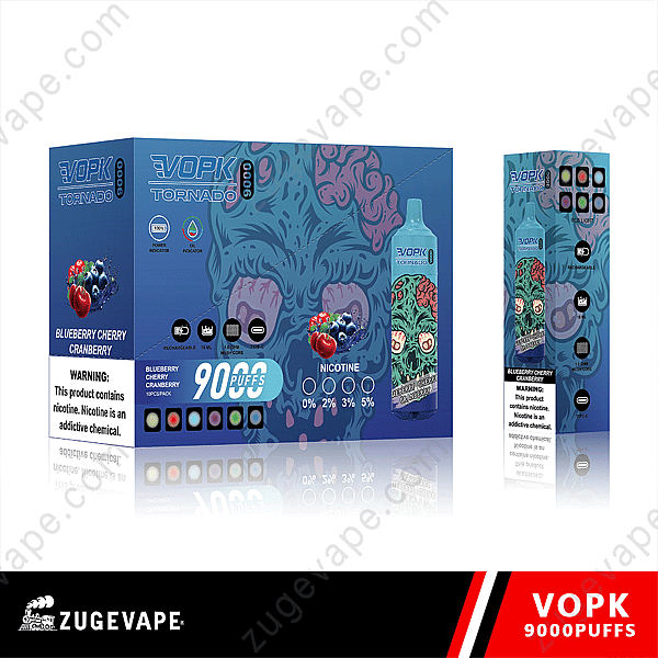 Packaging For Vopk Tornado Vape Pen In Blueberry Cherry Cranberry Flavor, Featuring A Blue Skull Design And Labeled As 9000 Puffs With Multiple Nicotine Levels.