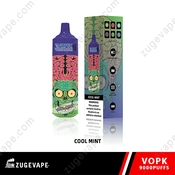 Vape Product With &Quot;Vopk Tornado&Quot; Branding And &Quot;Cool Mint&Quot; Flavor Packaging Showing A Colorful Skull Design And Text Stating Product Specifications And Nicotine Warning.