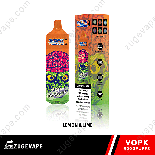 Orange And Green Vape Device Labeled &Quot;Vopk Tornado&Quot; With A Colorful Skull Design, Next To Its Packaging Box Displaying &Quot;Lemon&Amp;Lime&Quot; Flavor And Product Features.