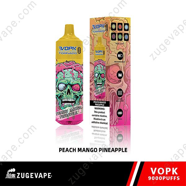 Vopk Tornado Disposable Vape In Peach Mango Pineapple Flavor With Colorful Packaging Depicting A Stylized Skull And Various Product Features.