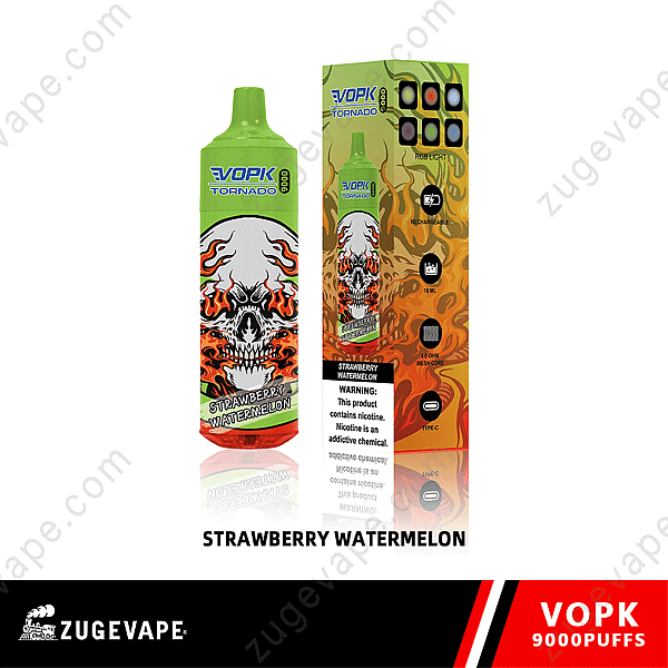 Vopk Tornado Vape Device And Packaging In Strawberry Watermelon Flavor With 9000 Puffs, Featuring A Colorful Design With A Skull And Flames.