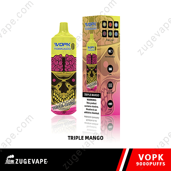 Vopk Tornado Vape With Triple Mango Flavor, 9000 Puffs, Rgb Light, Rechargeable, 18 Ml Capacity, 1.0-Ohm Mesh Core, Type-C Charging Port, And A Warning Label About Nicotine.
