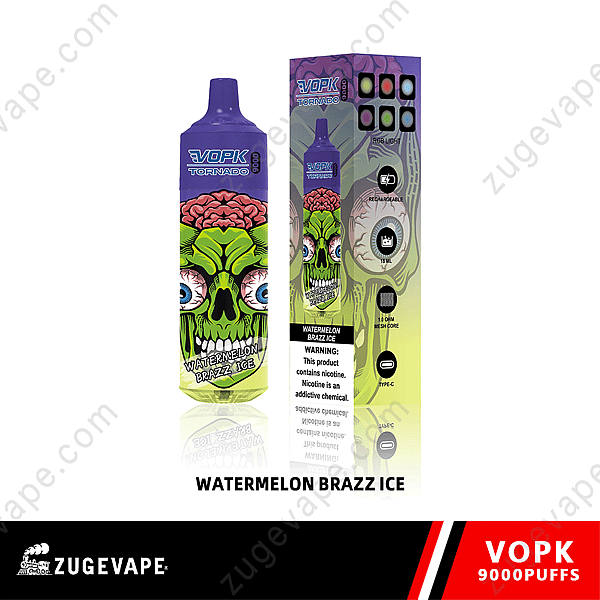 Vape Packaging For Vopk Tornado Watermelon Brazz Ice With A Skull Design And Textual Description Including Product Warnings.